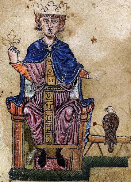 Portrait de Frédéric II et de son aigle, illustration du De arte venandi cum avibus